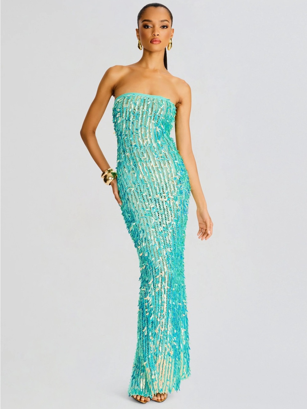 NWT Retrofete Nulla Feather Sequin Crochet Dress Gown Blue Mermaid Small Aqua